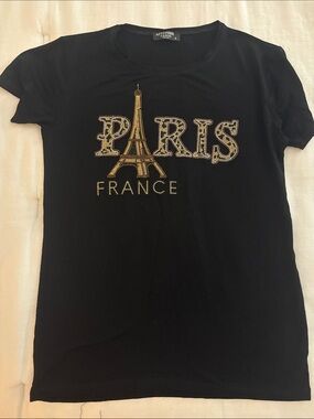 Paris France Rhinestone Short Sleeve Tee - Black/Gold- Brand New- Small